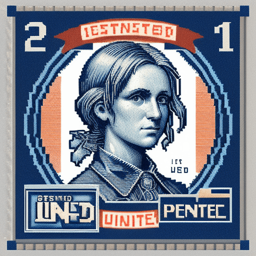 AI generated: 16 bit pixel art, vintage United States Postage Stamp, 2 cent stamp, Spraypaint, blue ink, line engr...