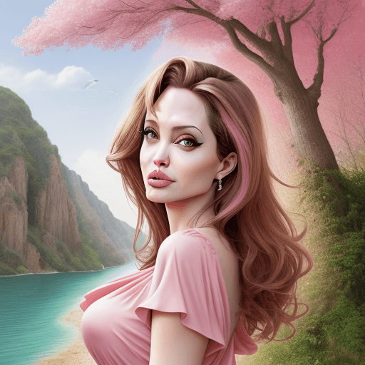 AI generated:  humor, Angelina Jolie, caricature, love land scape with nature pink trees and water, romantic cloth...