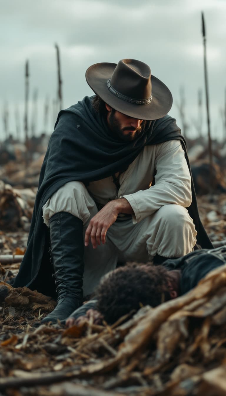 AI generated: Soldier Mateo kneeling looking beside sleeping a friend, in epic battle ambient 1817, wearing He is ...