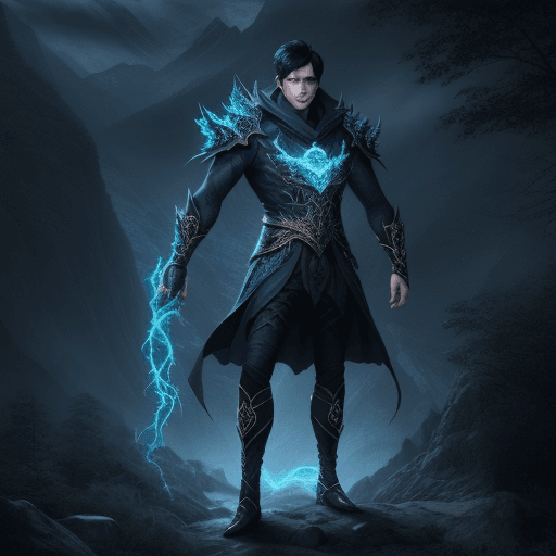 AI generated: 1 man, fantasy style, cool, mountain forest background, aggressive face, black hair, blue glowing ey...