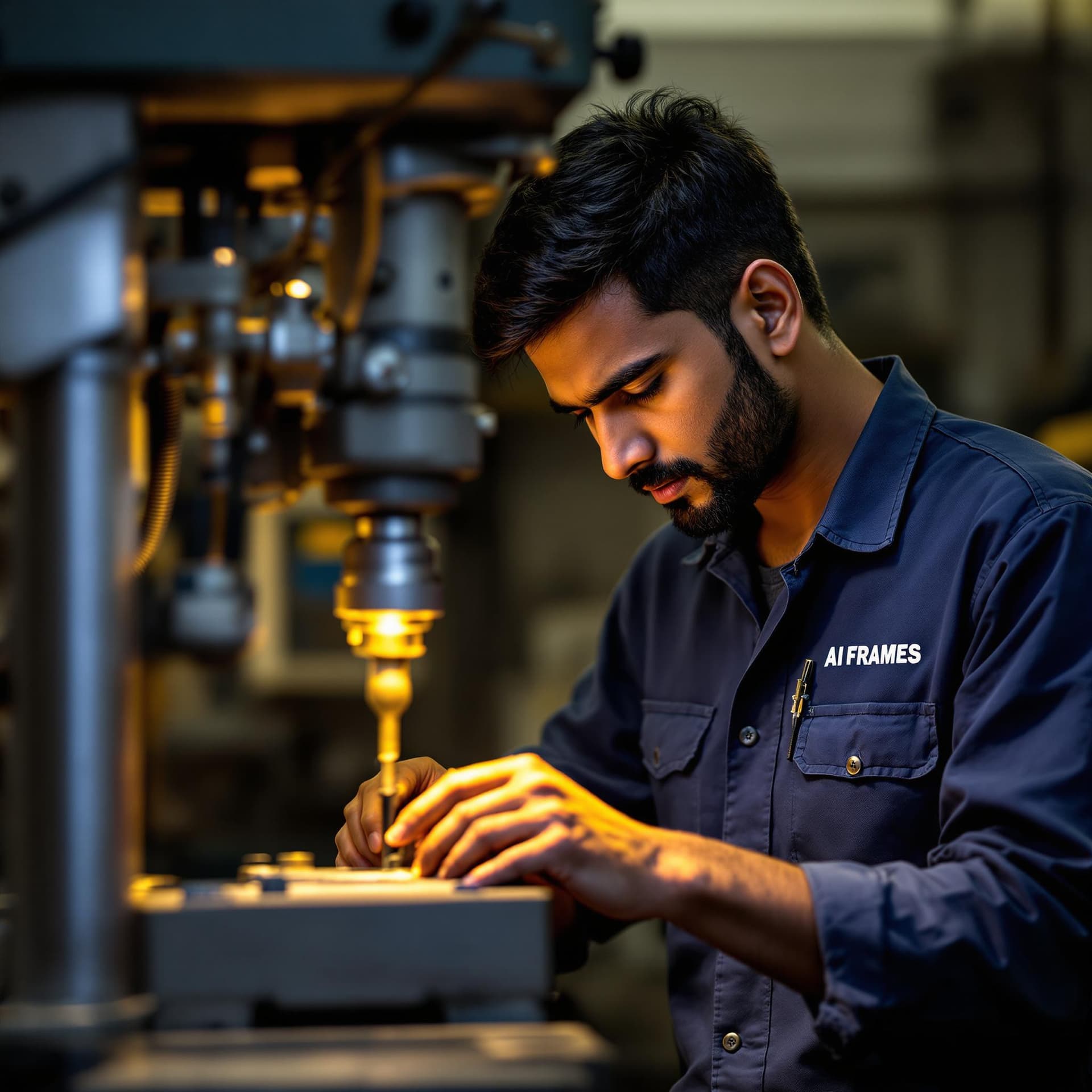 AI generated: The image shows a Indian young man deeply engrossed in his work with what appears to be a drill pres...