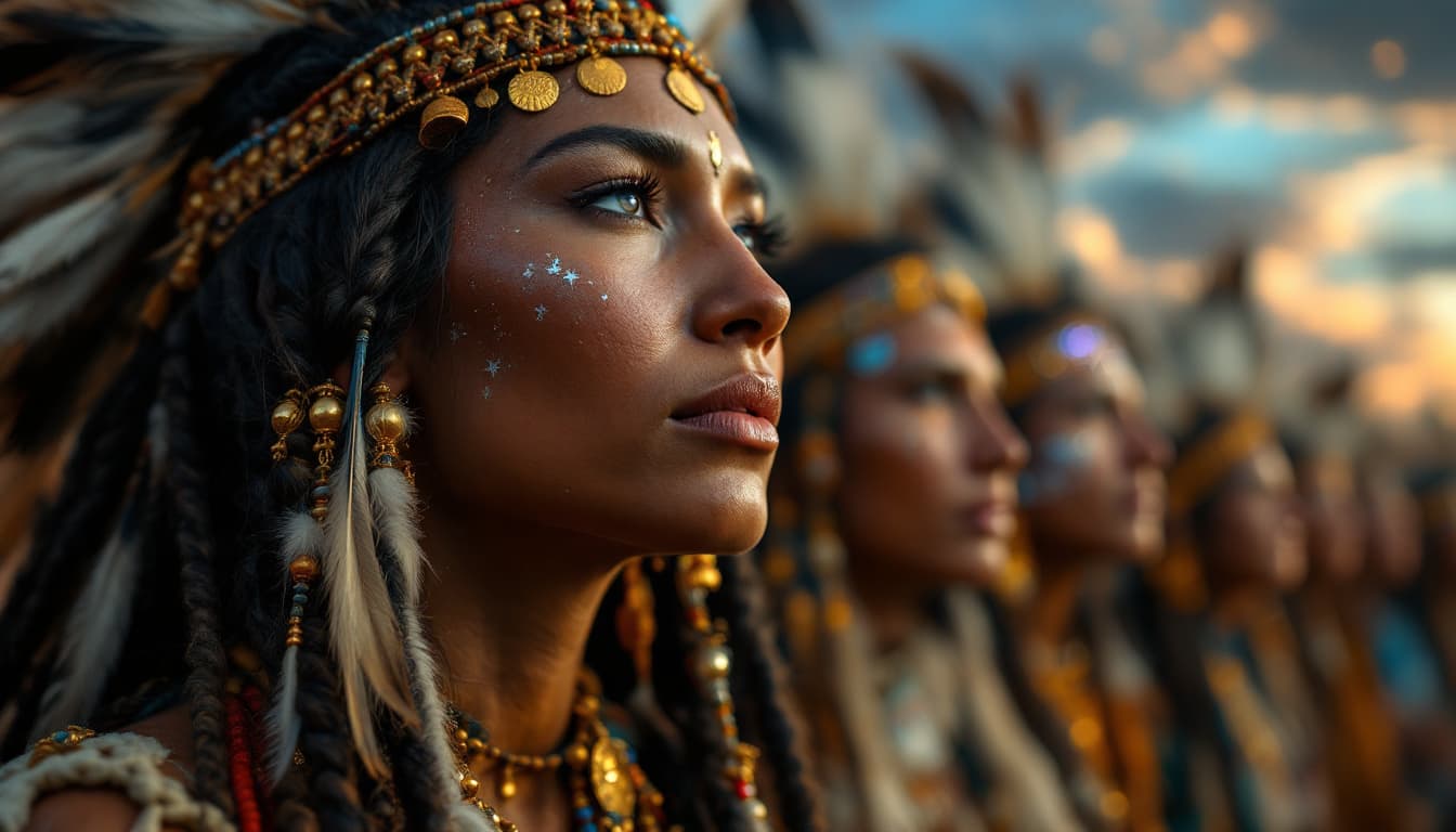 AI generated: Faces and Clothing of the Native Americans. Long, braided hair interwoven with feathers, beads, and ...