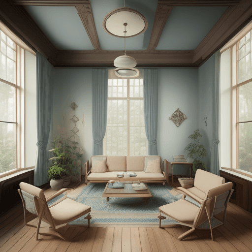 AI generated: High resolution photography interior design, dreamy sunken living room conversation pit, wooden floo...