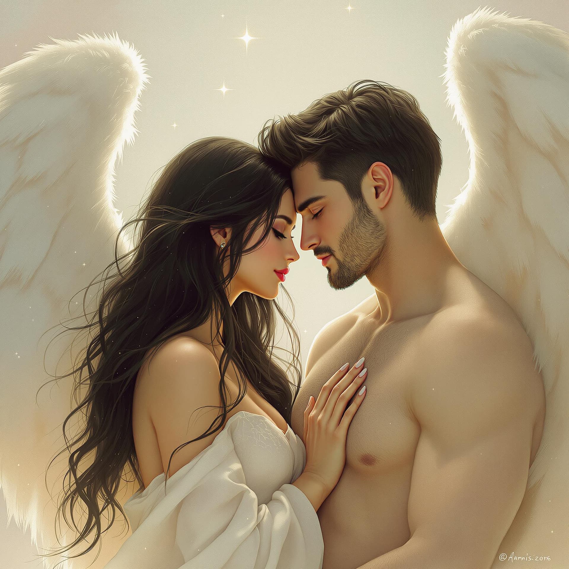 AI generated: The image depicts a romantic scene between two figures who exude a dreamy, ethereal quality. 

- **C...