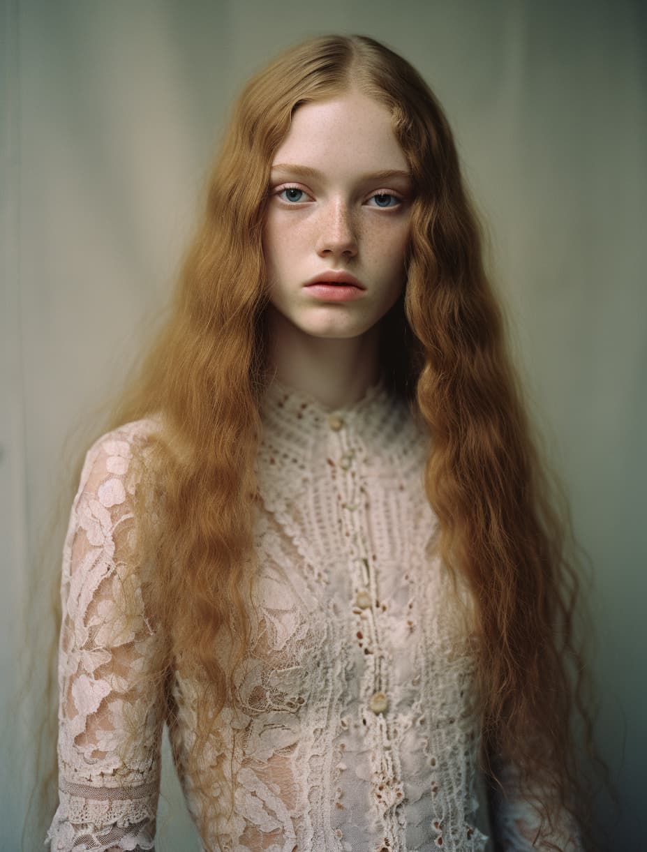 AI generated: 18 years old fashion long hair model wearing a lace dress photograph by alec soth  --v 5.2 --ar 3:4...