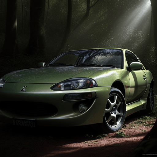 AI generated:  hyper-realistic HD concept art image of an abandoned Mitsubishi FTO in a forest, with sunlight filt...
