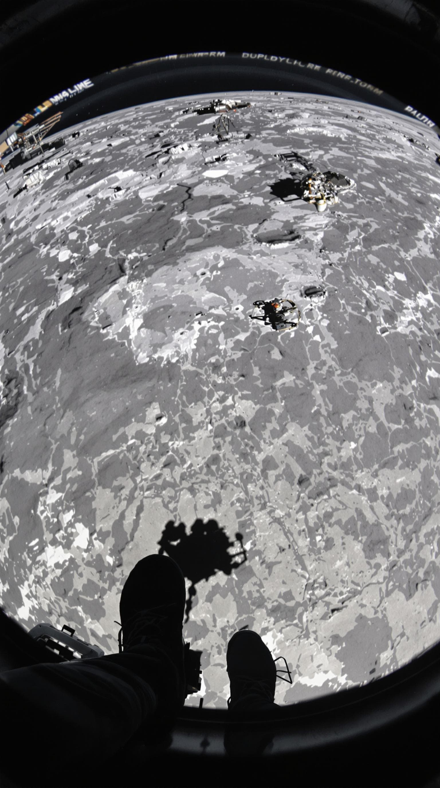 AI generated: First person POV through LEM window, astronaut boots floating, lunar surface approaching below, shad...