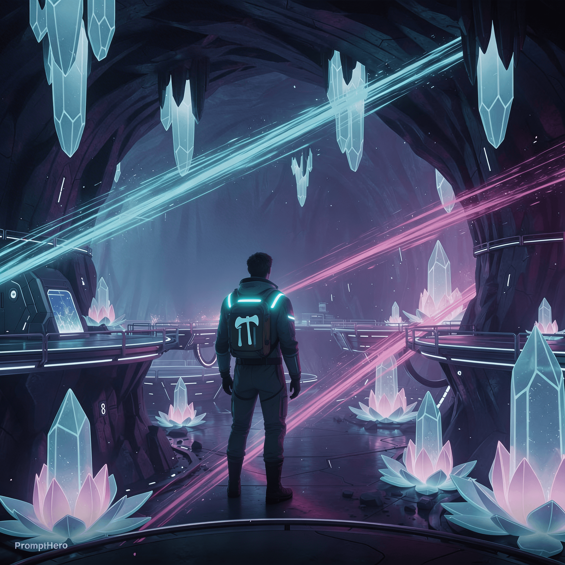 AI generated: lone figure seen from behind standing at entrance of massive digital energy 
mine, looking into vast...