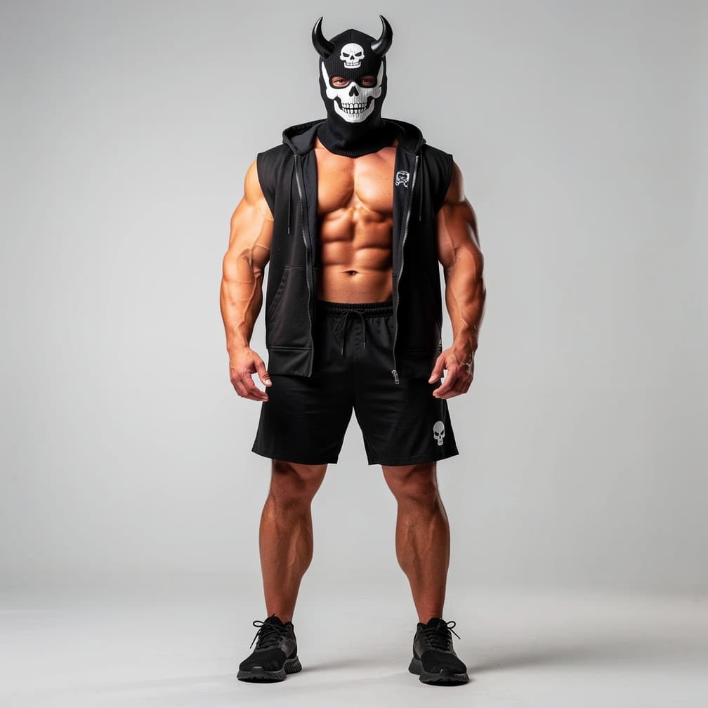 AI generated: A big muscular man wearing black short shorts and a black fully unzipped jacket with a hood that has...