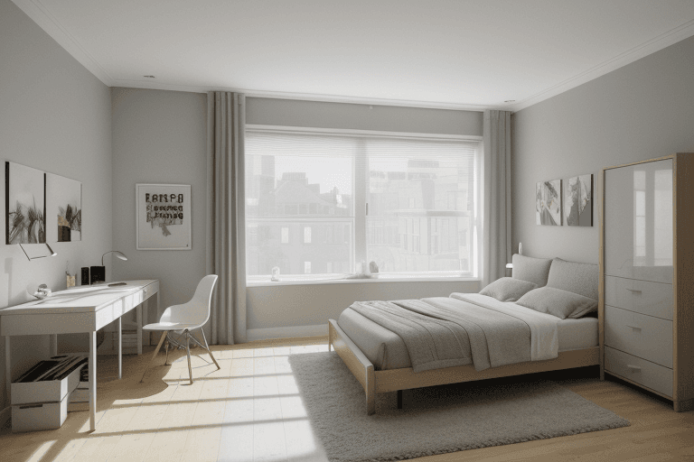 AI generated: interior design, modern bedroom, bedroom, modern, window, wide angle, wide angle, image, optical, ph...
