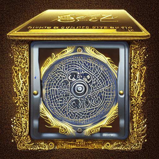 AI generated: Generate a 3D image of a book-shaped safe, completely covered in gold with an intricate and futurist...