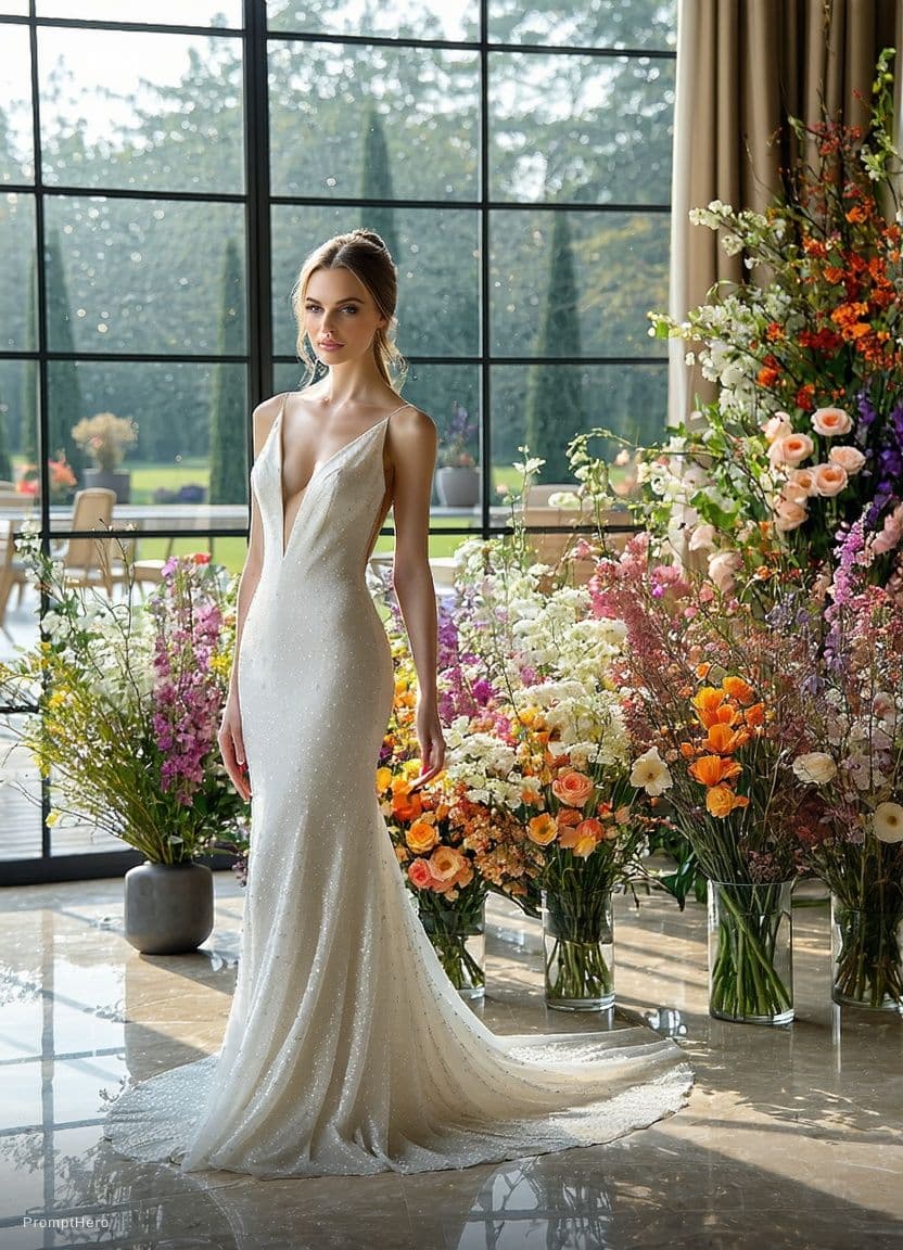 AI generated: replace background with luxury hotel rooom, strapless dress with plunging neck line.remove flowers f...
