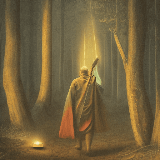 AI generated: an ancient shaman walking in a dark forest with a lantern