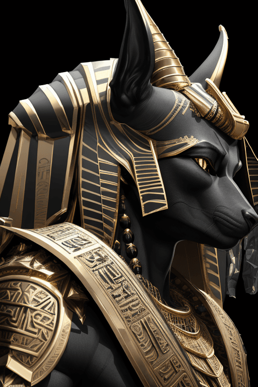 AI generated: A profile angle portrait, of the Egyptian god Anubis, metallic armor, white black gold, detailed fac...