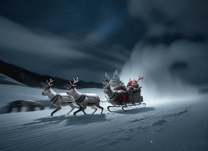 AI generated: Slow shutter speed Photography, angry birds, driving sleigh pulled by reindeer flying through the cl...