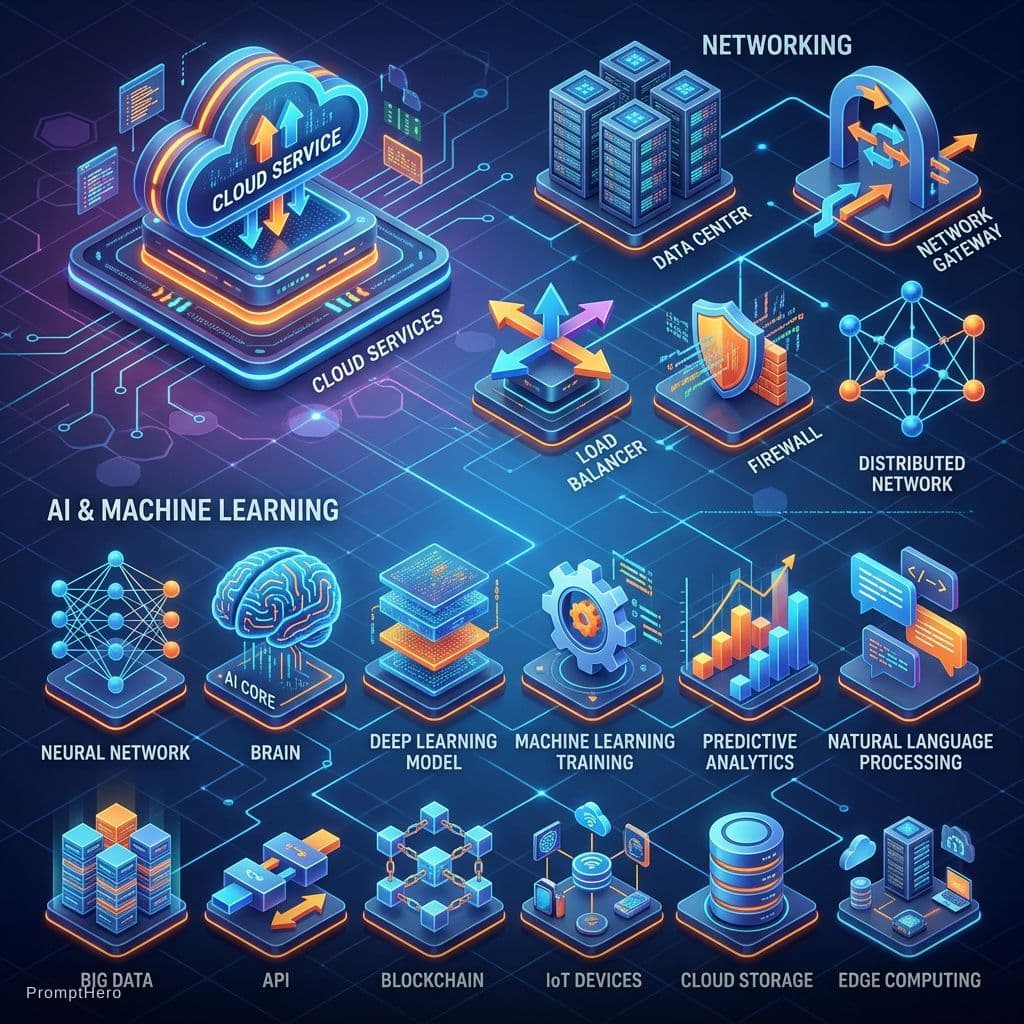 AI generated: a bunch of futuristic cloud and networking AI  3d  detailed isometric technology symbols for diagram...