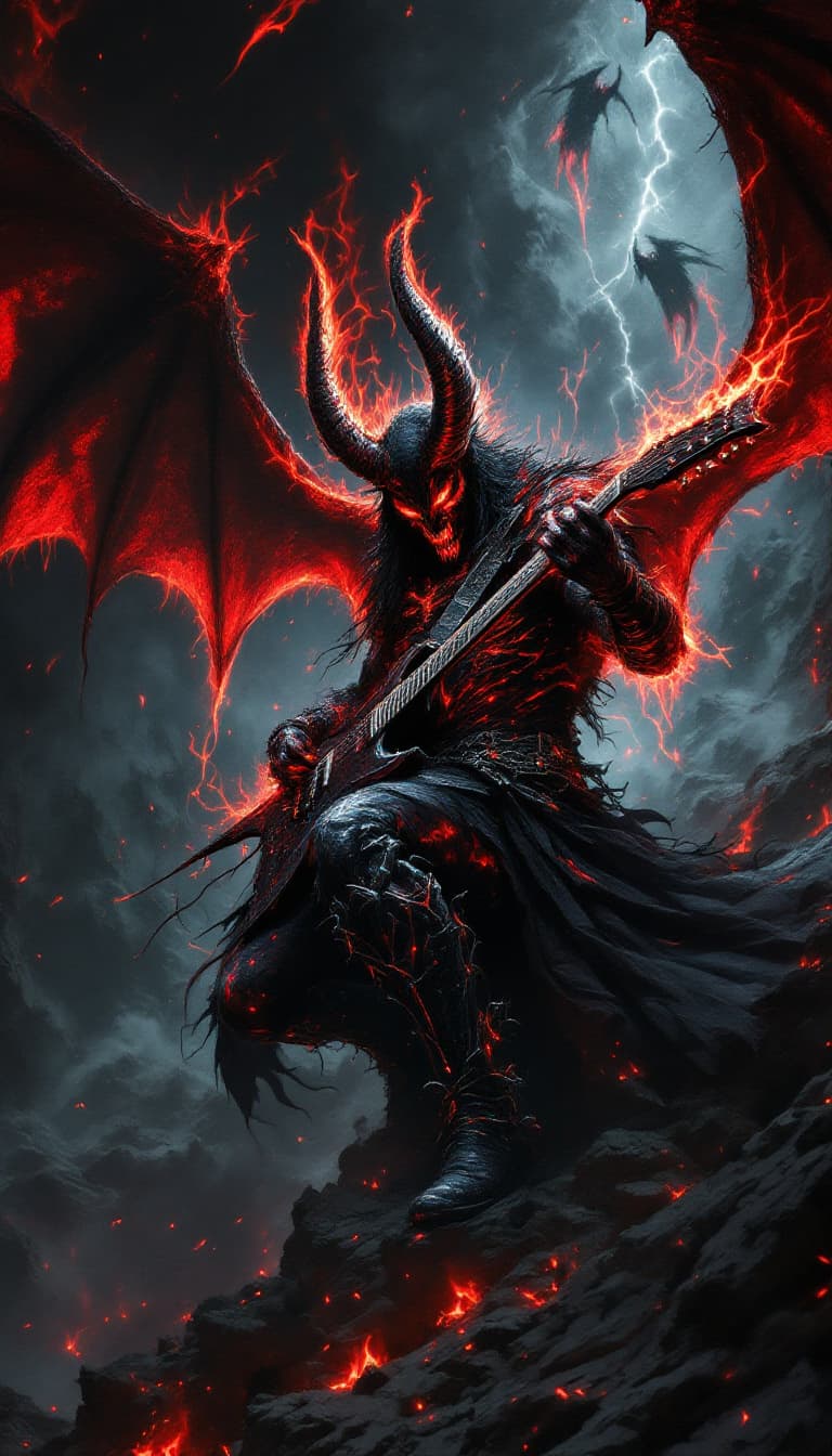 AI generated: diablo tocando la guitarra de metal en el infierno rodeado de murcielagos estilo tenebrista
