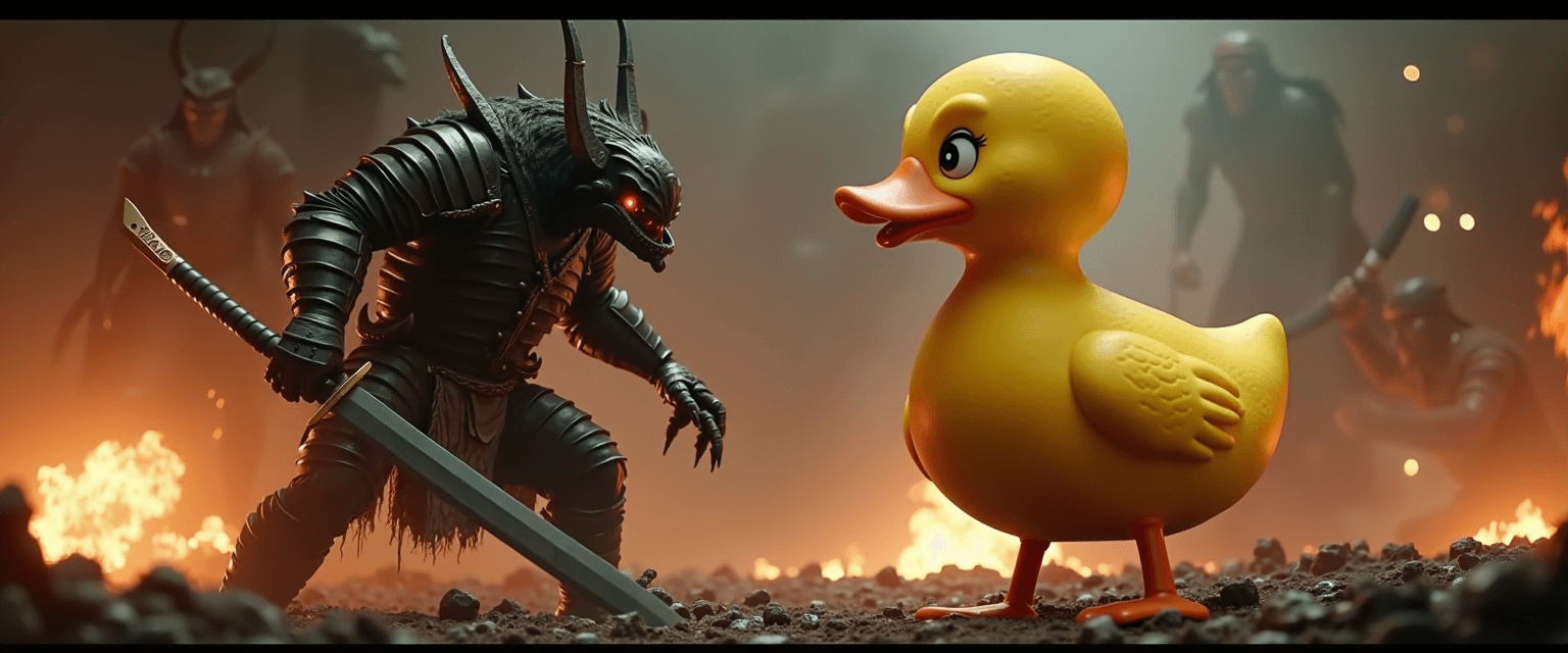 AI generated: A dramatic movie still featuring an epic and surreal confrontation between an immortal samurai, tran...