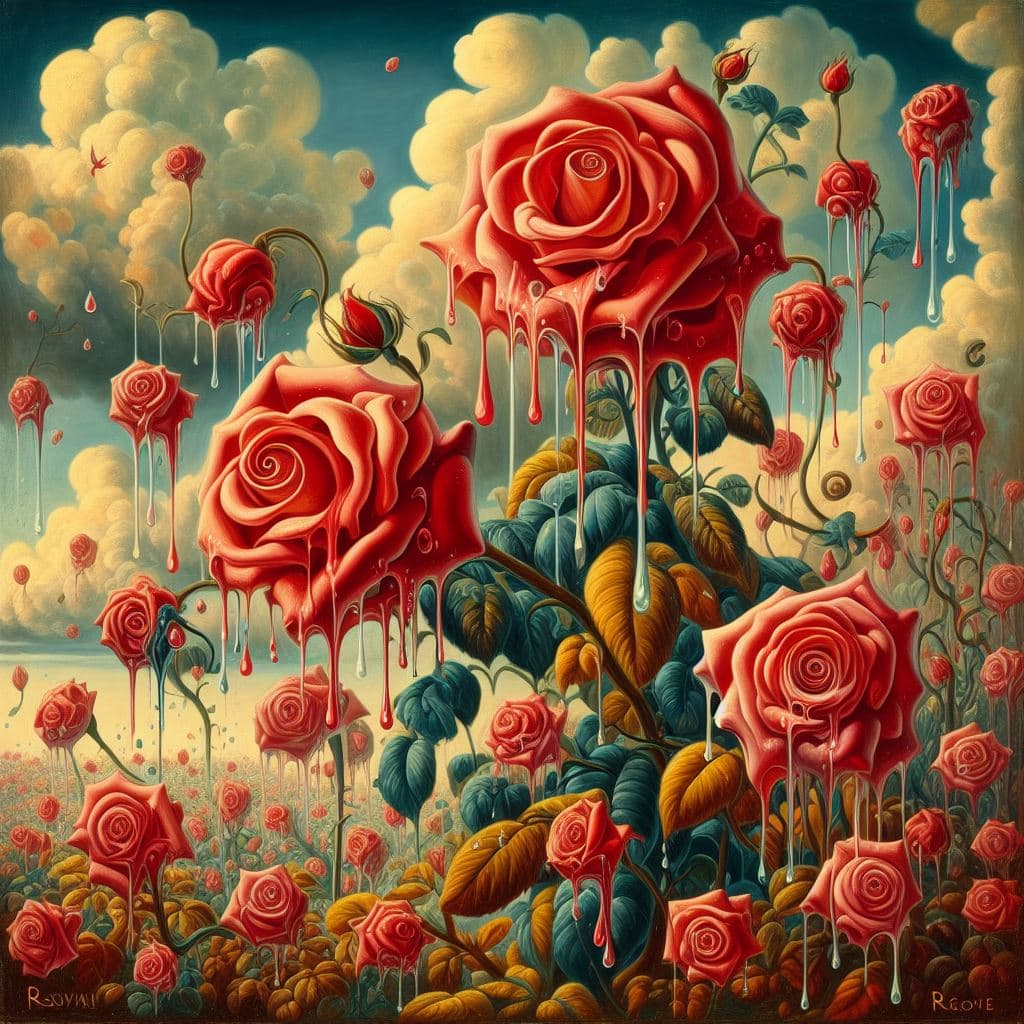 AI generated: a surrealist painting of roses in the style of surrealistic grotesque, iconic, massurrealism