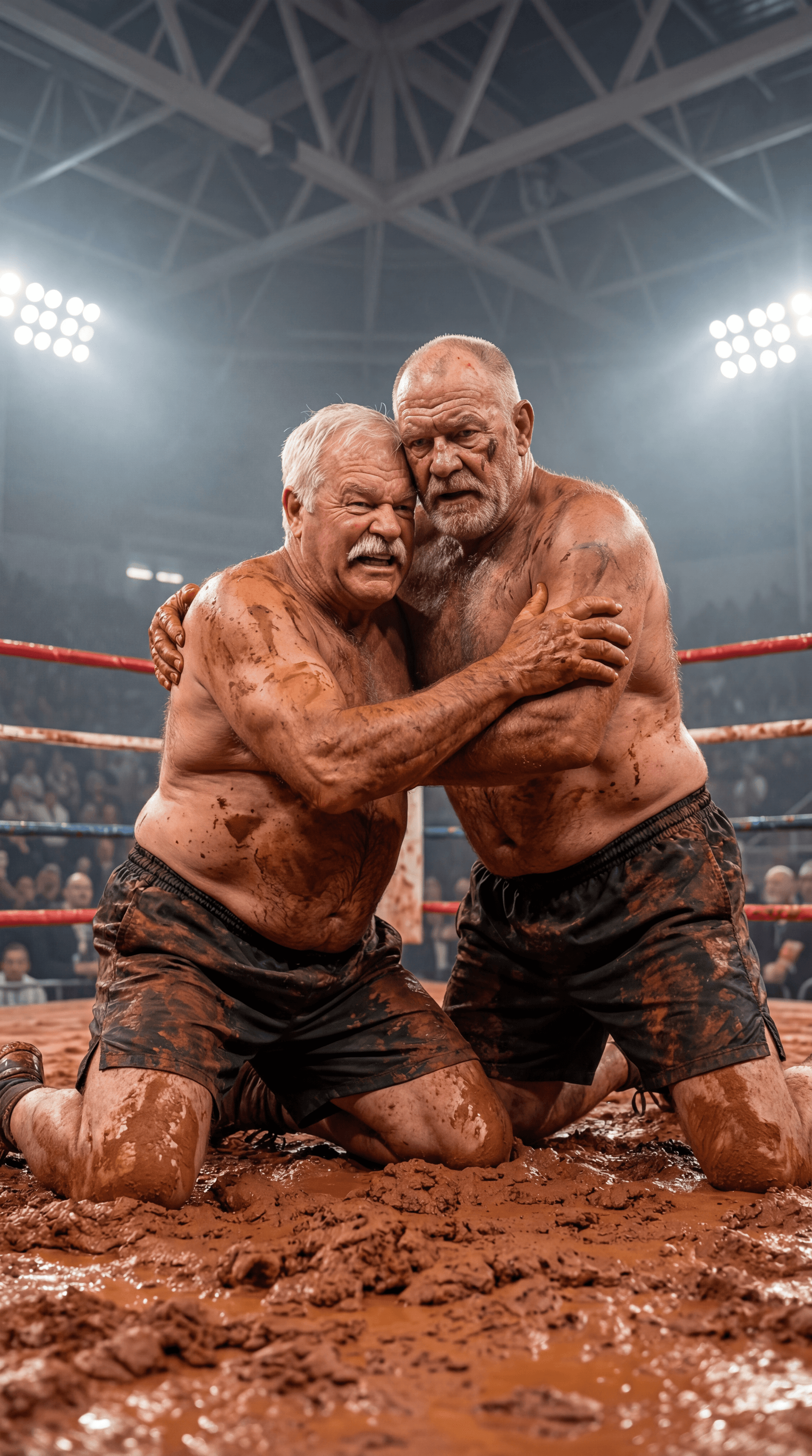 AI generated: REALISTIC SPORTS EVENT PHOTOGRAPH — INDOOR ARENA BOXING RING — RED CLAY MUD WRESTLING — VERTICAL 9:1...
