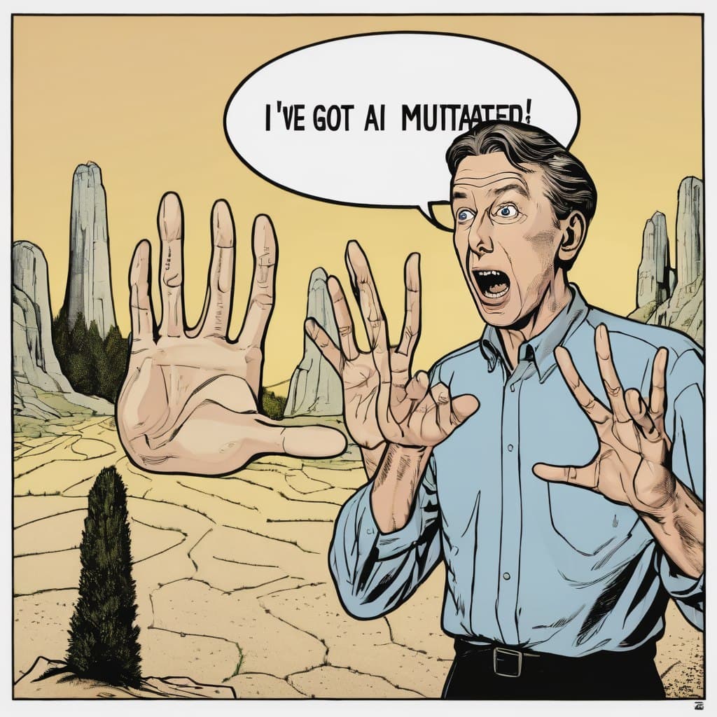 AI generated: epic realistic, (severely mutated hands and fingers:2.0), (guy raises his hands in front of him and ...