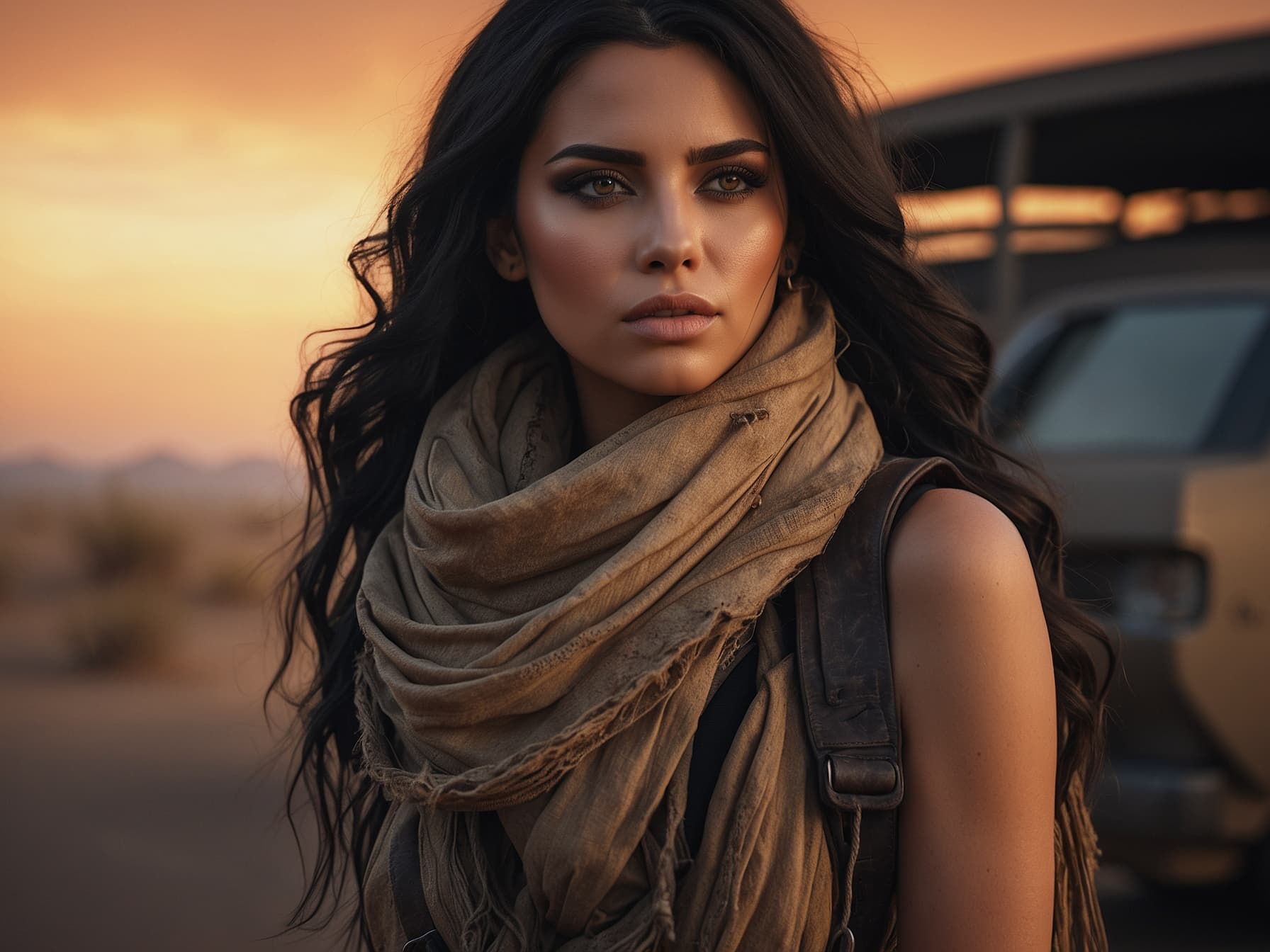 AI generated: a woman with long hair wearing a scarf, a character portrait by Michael Flohr, featured on cg societ...
