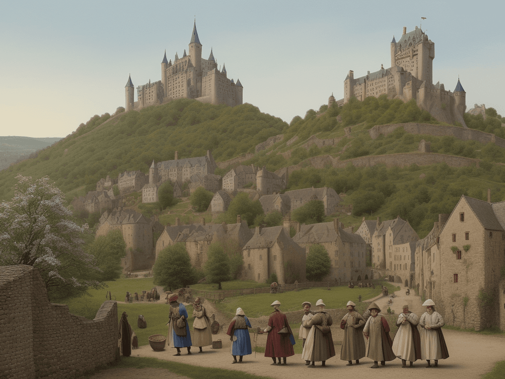 AI generated: a medieval village with a castle in the background, showcasing a scene of everyday life in a bygone ...