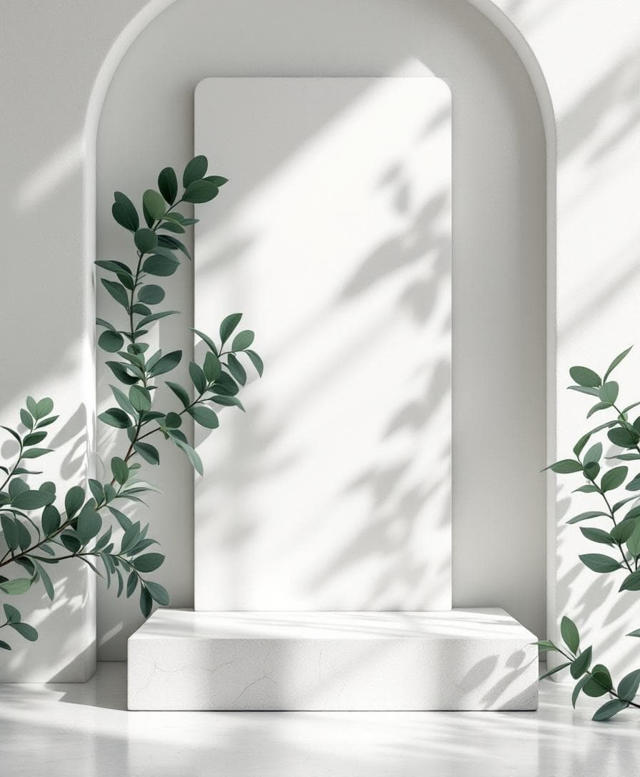 AI generated: Elegant spa-inspired background, rectangular white stone podium, fresh eucalyptus leaves on both sid...