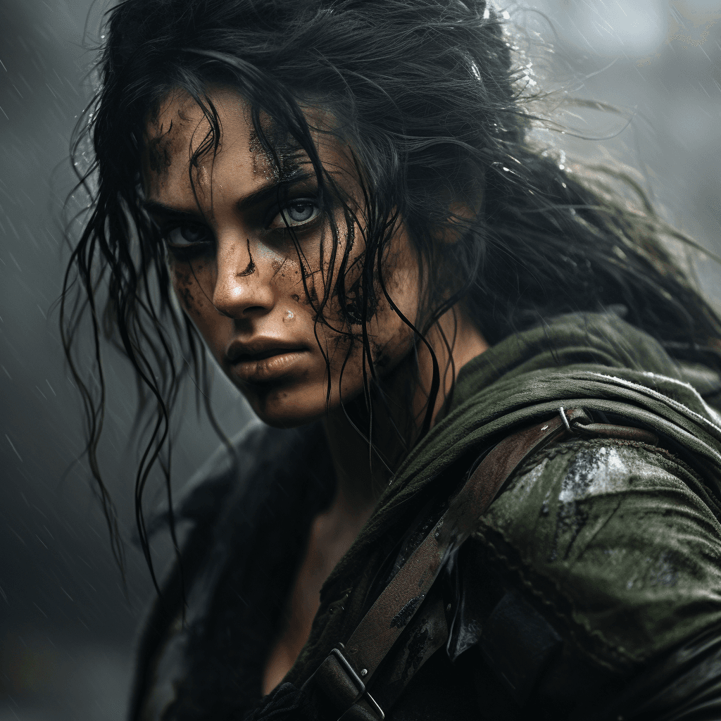 AI generated: A woman who has just escape a life as a slave. She has raven black hair, green eyes and wears rags. ...