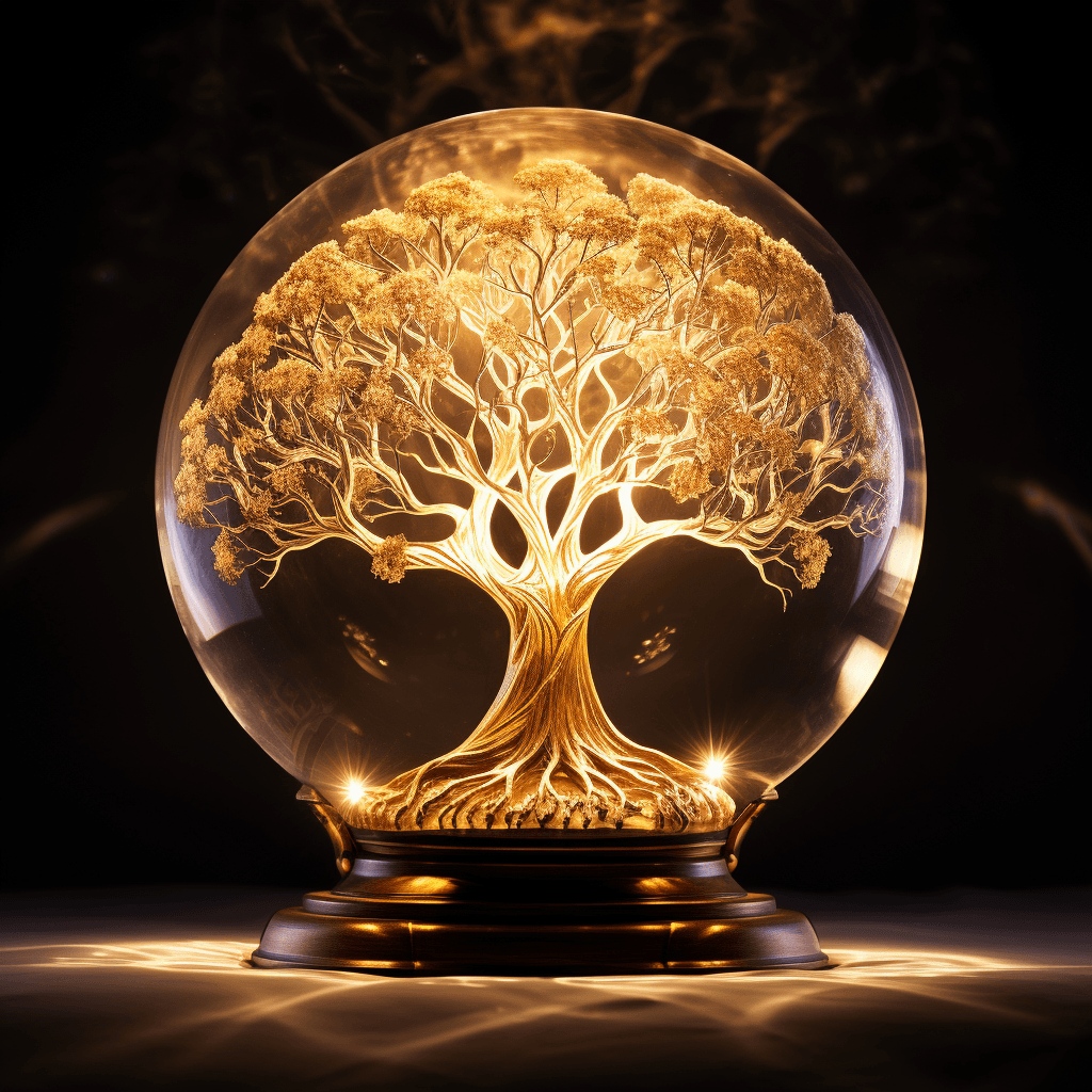 AI generated: A tree lit in the dark, golden sacred tree, Tree of Life, intricate, its crown within a translucent ...