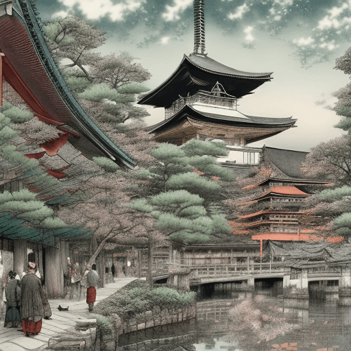 AI generated: kyoto, walking tour japan, in the style of hinchel, villagecore, manga-influenced, spiritual resonan...