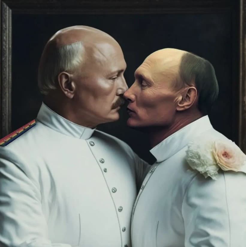 AI generated: Lukashenko is kissing Putin, wedding suit, by Annie Leibovitz