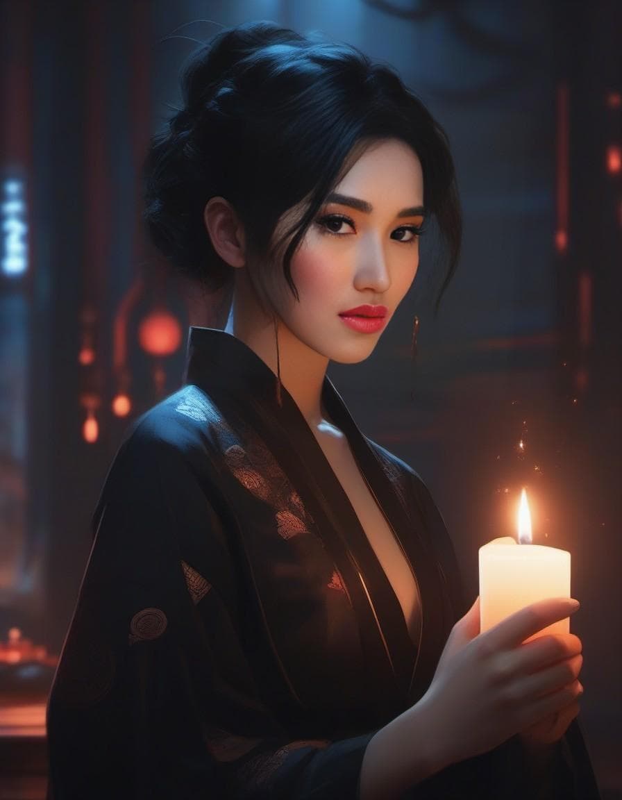 AI generated: a woman holding a lit candle in her hand, cyberpunk art by WLOP, cgsociety, fantasy art, anime aesth...