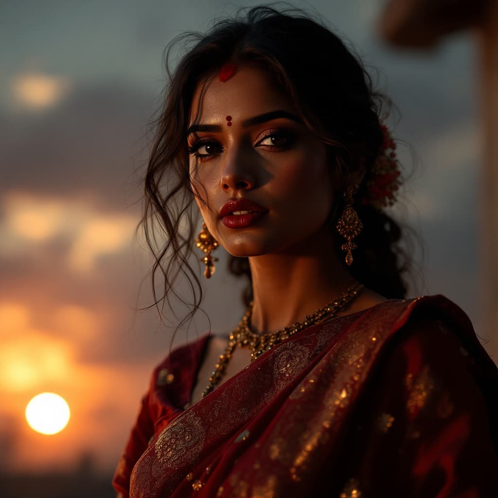 AI generated: Photo of a ultra realistic Indian Wife Wearning Black Hot Saree, dramatic light, pale sunrise, cinem...