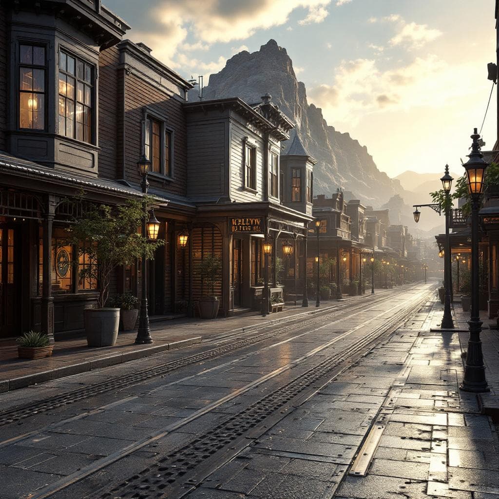 AI generated: Create a sleek, futuristic Old West City, a reminder of the rough terrain of the Old West. Into the ...