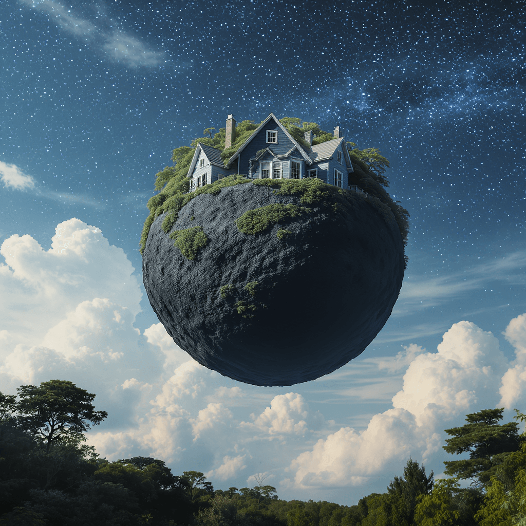 AI generated: A house carved into a large black asteroid floating in the sky: surreal, dreamlike imagery - I can't...