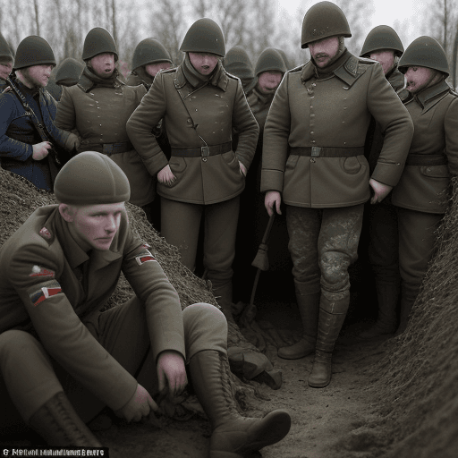 AI generated: Espen Aarseth and Martin Pichlmair drafted in the Russian army sitting in a trench near Ukraine, loo...