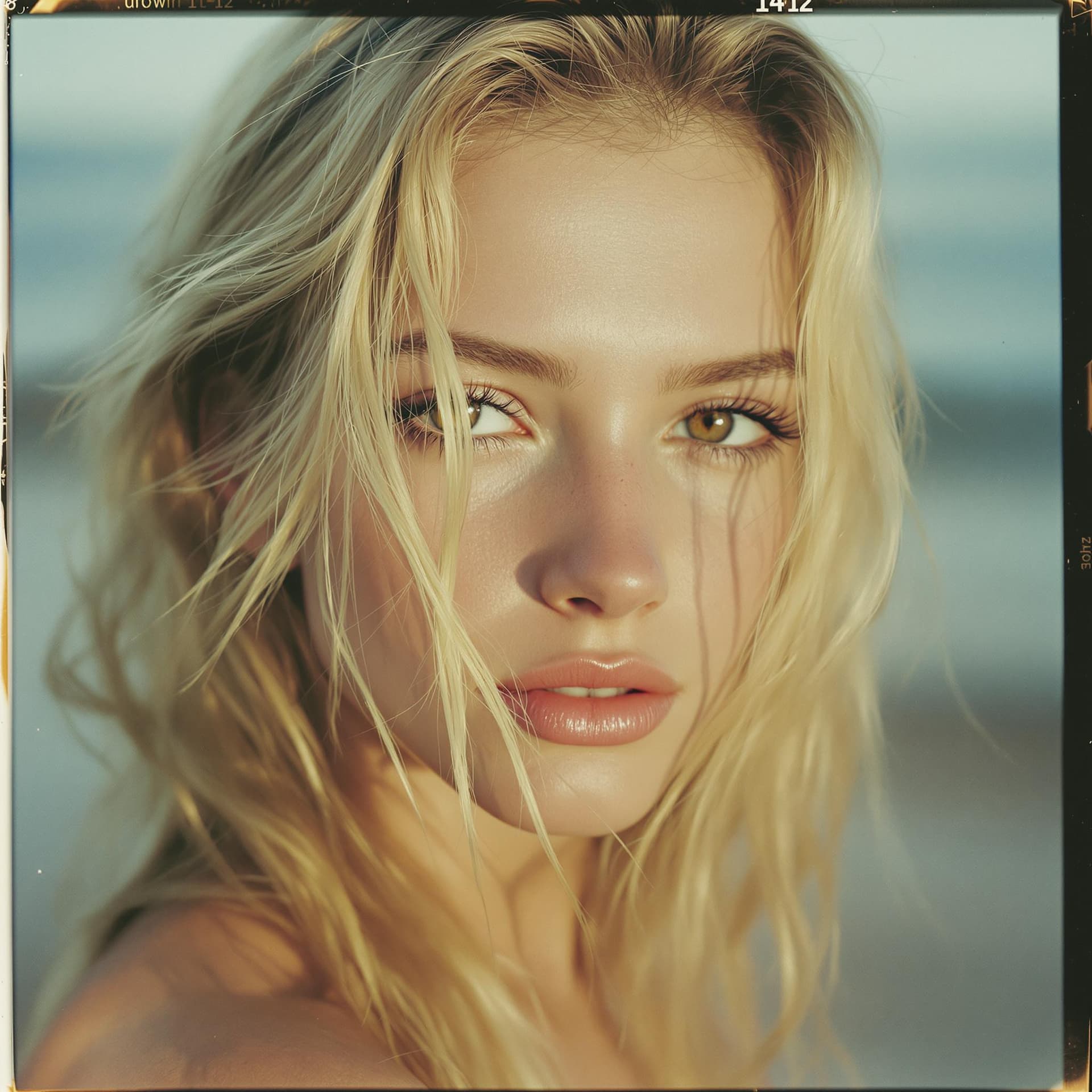 AI generated: 18-year-old blonde woman with dark brown eyes, white skin, ultra-realistic in on the beach, taken wi...