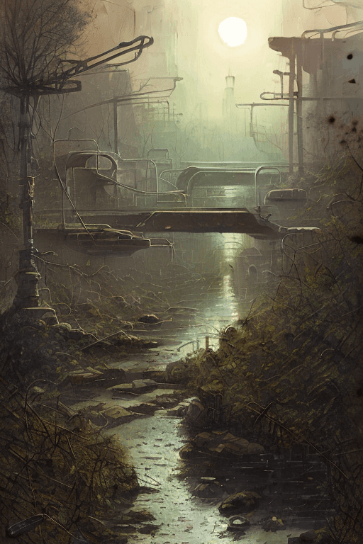 AI generated: rocky overgrown river canal in ruined apocalyptic sci-fi city, temples, sci-fi military ship,  flore...