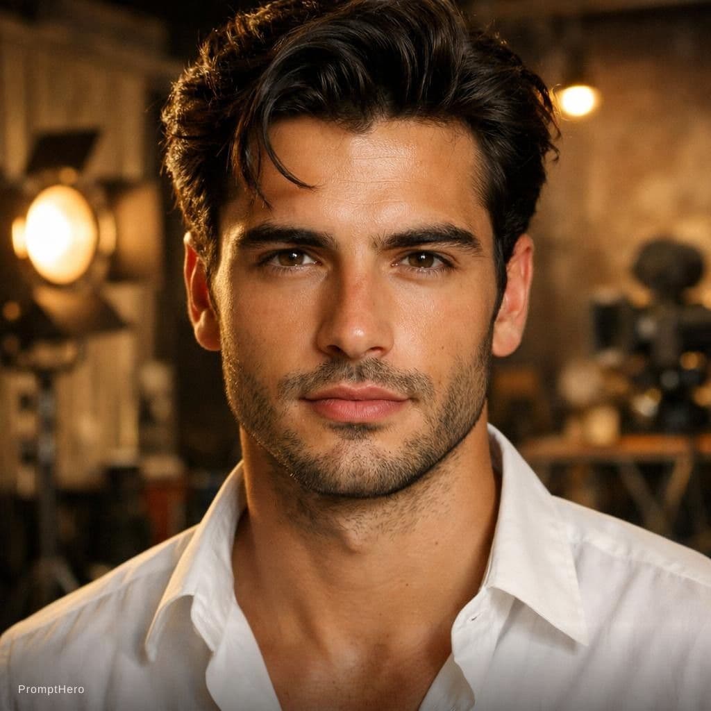 AI generated: photograph, close-up of a handsome young Italian man, facing the front. The background is a model se...