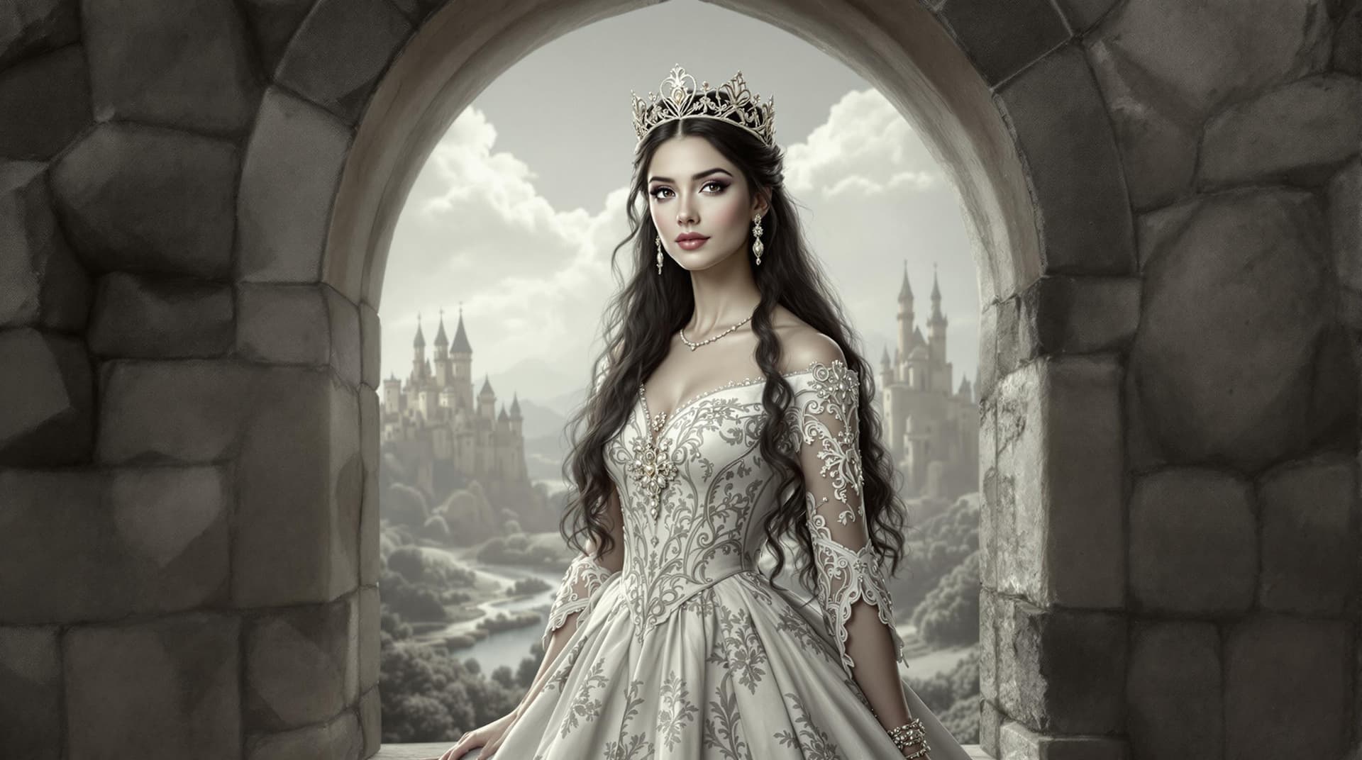 AI generated: A regal figure stands poised within a stone archway, her expression conveying a blend of strength an...