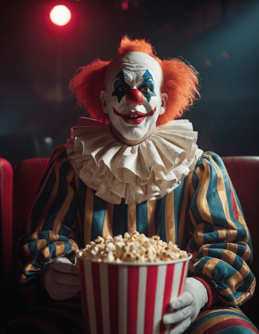 AI generated: best quality, 4k, highres, masterpiece, ultra-detailed, realistic, alone scary clown in with popcorn...