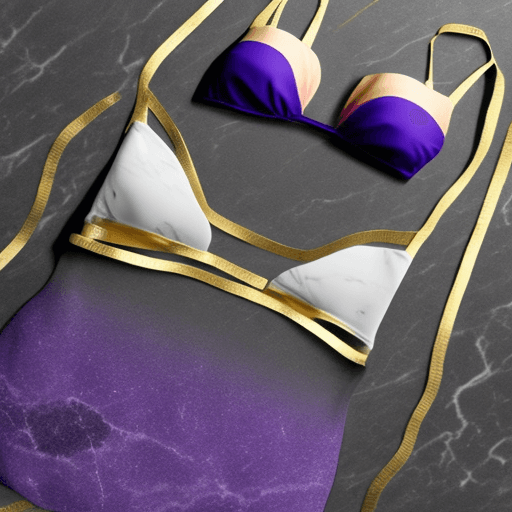 AI generated: a bikini placed on black marble with gold lines through it , bikini is pastel colored , environment ...