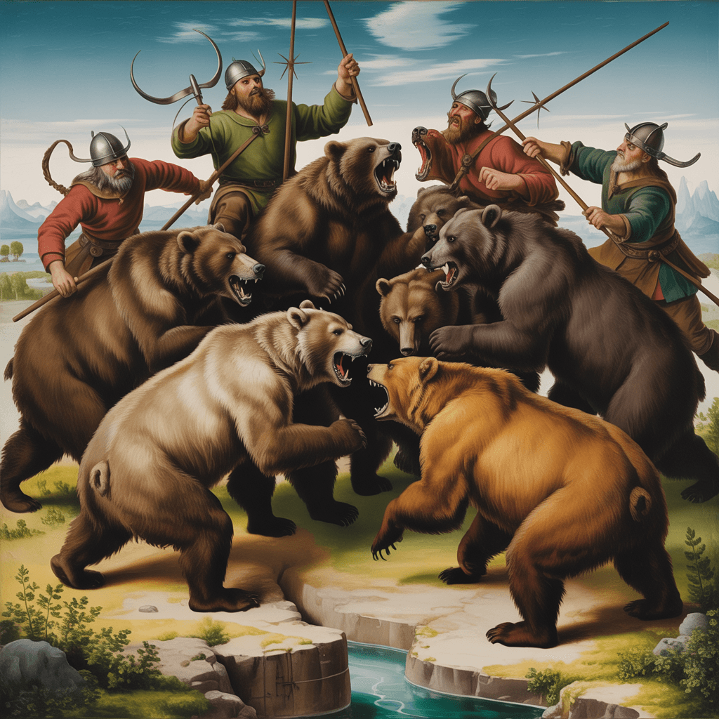 AI generated: Hieronymus Bosch Style painting of multiple medieval Vikings battling multiple wild bears in an epic...