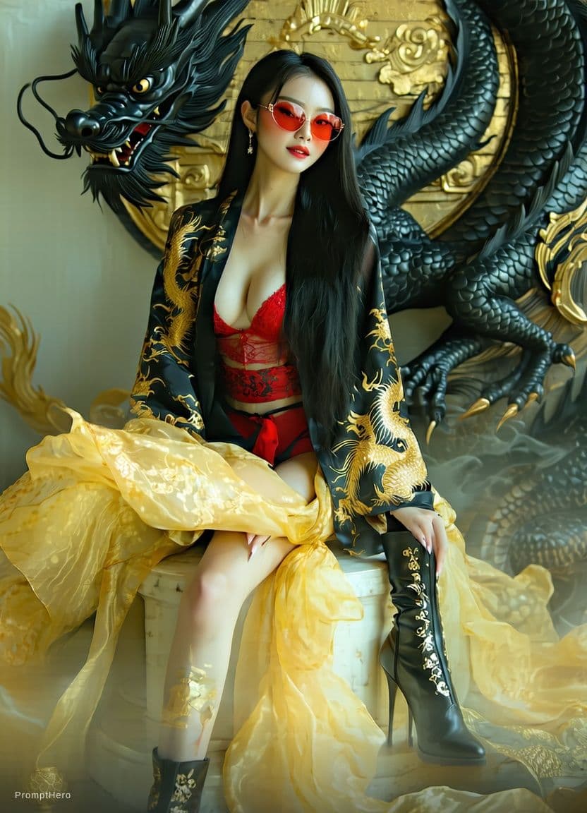 AI generated: A stunningly beautiful woman with long, flowing black hair, sitting confidently atop a coiled black ...