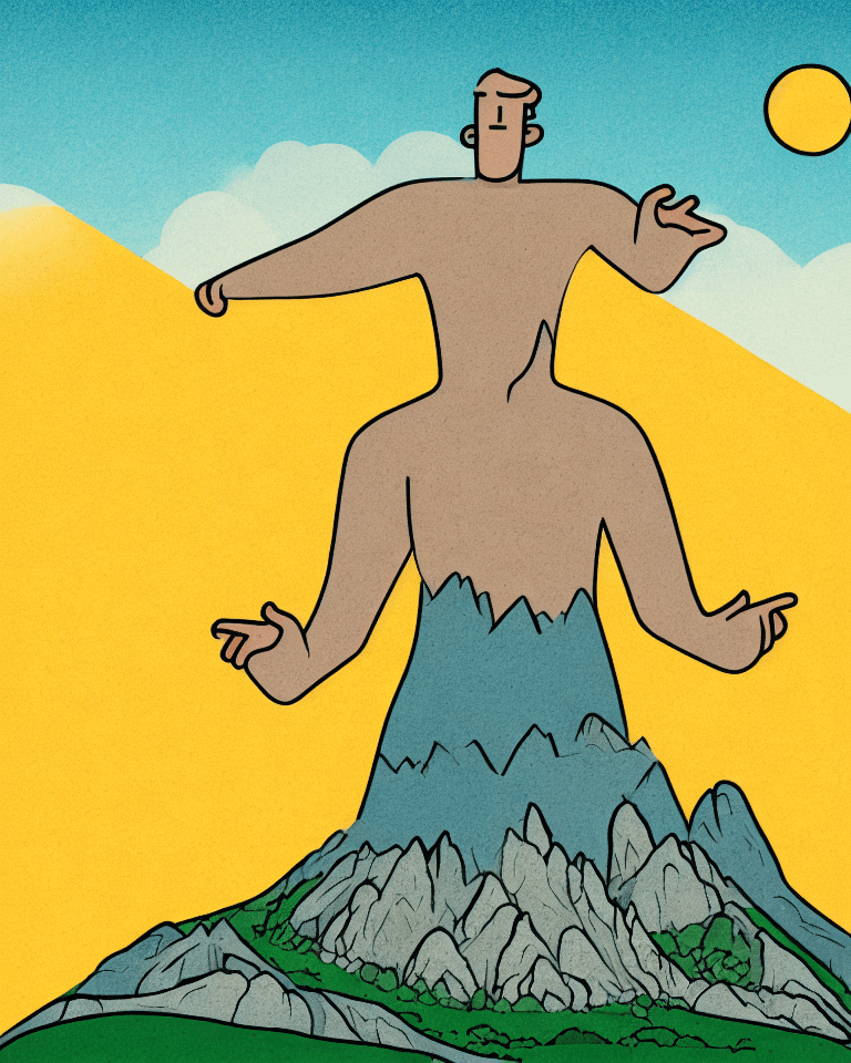 AI generated: giant on a mountain that holds the sun in your hands up in the sky, under a small village of Lillipu...