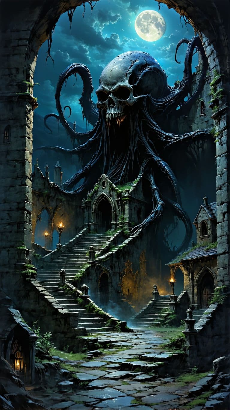 AI generated: Necromancy,Medieval Town,Decaying Architecture,Eldritch Horror,Zombie-like Inhabitants,Cosmic Terror...