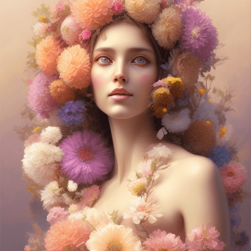 AI generated: commercial illustration of a woman dressed in flowers with flowers in her hair, in the style of artg...