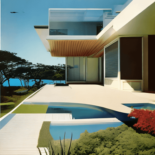 AI generated: Hyper realistic eye level exterior photo of a mid century modern style house overlooking the ocean, ...