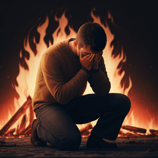 AI generated: man kneeling on the ground, crying out to God and fire falling on him
